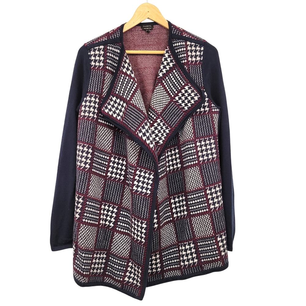 Talbots Cardigan Sweater Women's Large Plaid 100% Merino Wool Work Wear Cozy